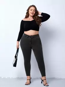 Plus Folded Waist Skinny Jeans - Black - View 4