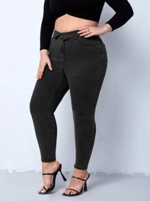Plus Folded Waist Skinny Jeans - Black - View 5