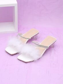Fuzzy Panel Rhinestone Decor Clear Heeled Mule Sandals - White - View 1