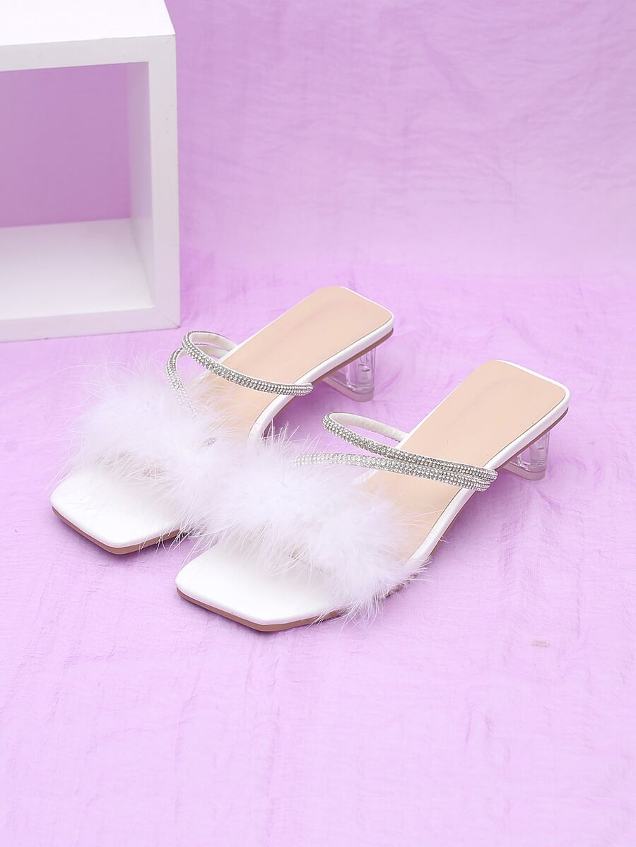 Fuzzy Panel Rhinestone Decor Clear Heeled Mule Sandals - White - View 1