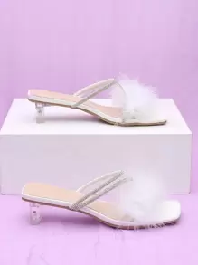 Fuzzy Panel Rhinestone Decor Clear Heeled Mule Sandals - White - View 2