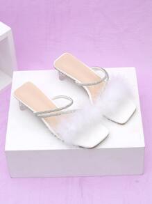 Fuzzy Panel Rhinestone Decor Clear Heeled Mule Sandals - White - View 5