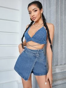 High Waist Wrap Hem Denim Skort - Medium Wash - View 4