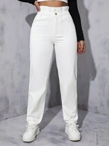 Paperbag Waist Mom Fit Jeans - White - View 1