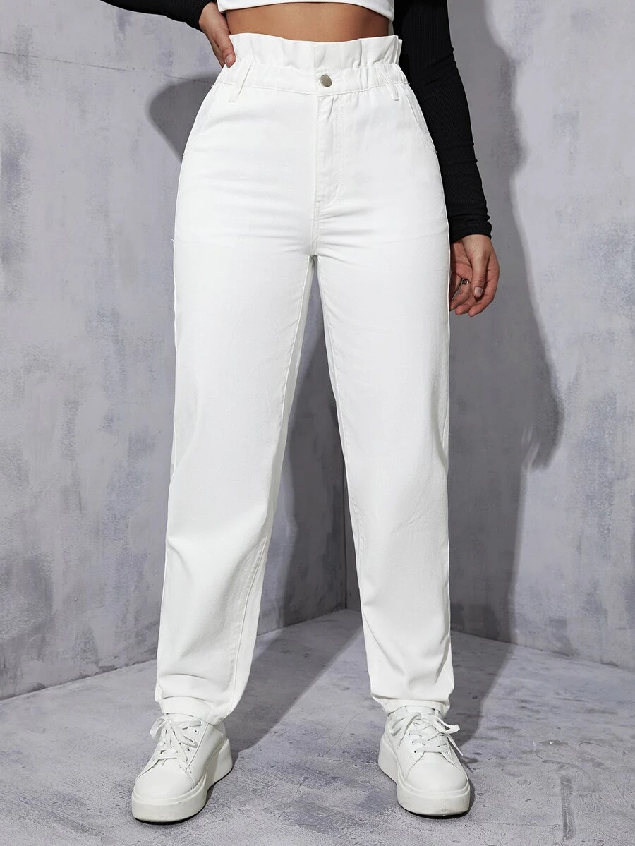 Paperbag Waist Mom Fit Jeans - White - View 1
