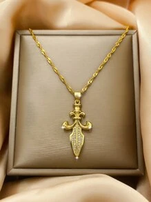 Cubic Zirconia Sword Pendant Necklace - Yellow Gold - View 1