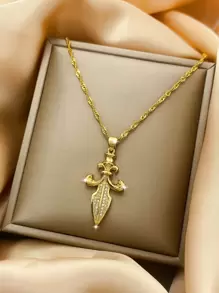 Cubic Zirconia Sword Pendant Necklace - Yellow Gold - View 4