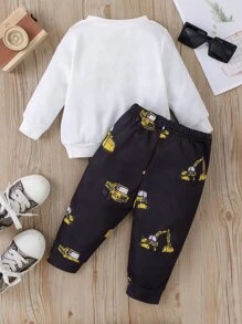Baby Boy Digger Print Sweatshirt & Joggers - Black and White - View 2