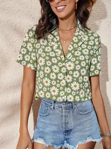 SHEIN VCAY Áo sơ mi nữ Nút phía trước Hoa Tất cả trên in Boho - Màu xanh chanh - Xem 1
