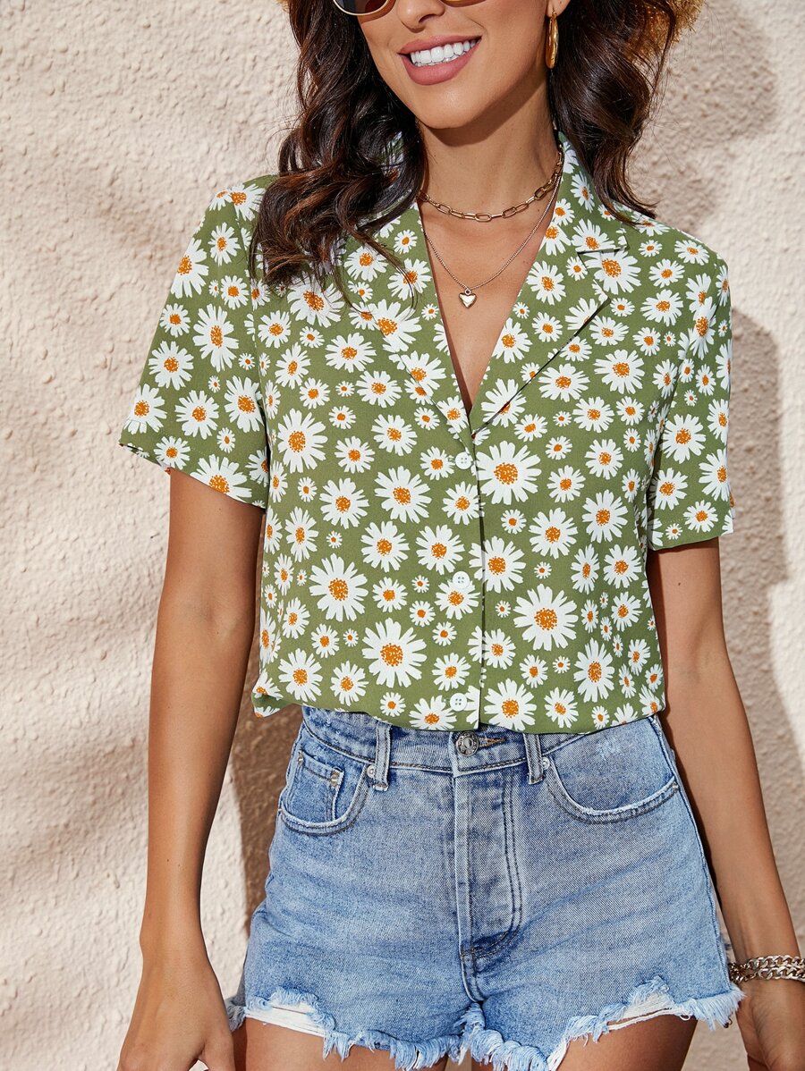 SHEIN VCAY Áo sơ mi nữ Nút phía trước Hoa Tất cả trên in Boho - Màu xanh chanh - Xem 1