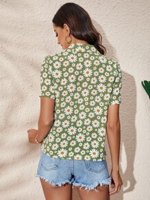 SHEIN VCAY Áo sơ mi nữ Nút phía trước Hoa Tất cả trên in Boho - Màu xanh chanh - Xem 2