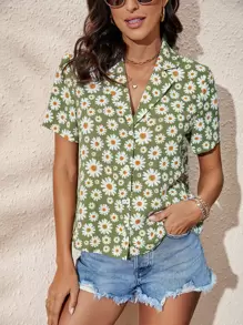 SHEIN VCAY Áo sơ mi nữ Nút phía trước Hoa Tất cả trên in Boho - Màu xanh chanh - Xem 3