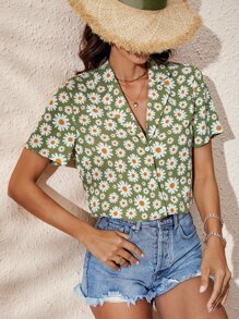 SHEIN VCAY Áo sơ mi nữ Nút phía trước Hoa Tất cả trên in Boho - Màu xanh chanh - Xem 5