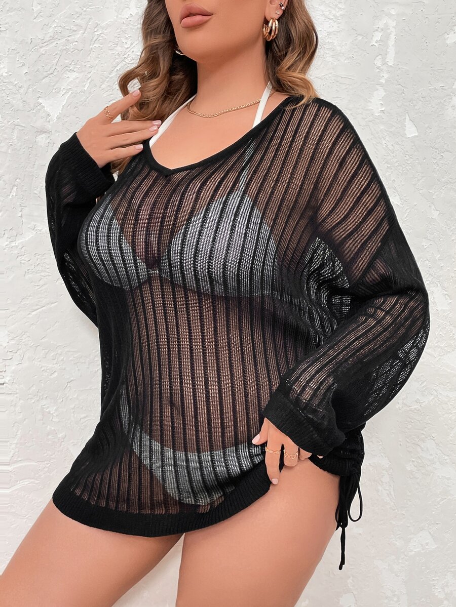 SHEIN VCAY Plus Striped Pattern Drop Shoulder Cover Up Without Bikini - Black - View 1