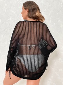 SHEIN VCAY Plus Striped Pattern Drop Shoulder Cover Up Without Bikini - Black - View 2