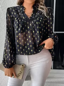 SHEIN LUNE Plus Gold Geo Print Lantern Sleeve Blouse - Multicolor - View 1