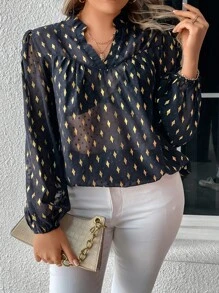 SHEIN LUNE Plus Gold Geo Print Lantern Sleeve Blouse - Multicolor - View 4