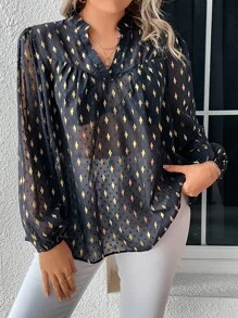 SHEIN LUNE Plus Gold Geo Print Lantern Sleeve Blouse - Multicolor - View 5