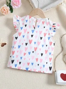 SHEIN Blusa Branca Com Estampa Em Formato De Coração Para Jovem, Gola Redonda E Mangas Com Babados Para O Verão