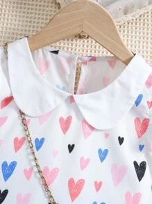 SHEIN Blusa Branca Com Estampa Em Formato De Coração Para Jovem, Gola Redonda E Mangas Com Babados Para O Verão