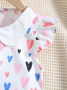 SHEIN Blusa Branca Com Estampa Em Formato De Coração Para Jovem, Gola Redonda E Mangas Com Babados Para O Verão