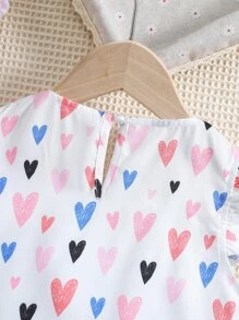SHEIN Blusa Branca Com Estampa Em Formato De Coração Para Jovem, Gola Redonda E Mangas Com Babados Para O Verão