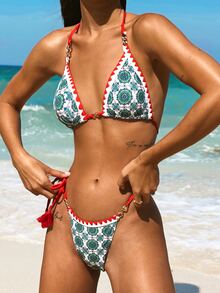 Bikinx Floral Print Whip Stitch Halter Triangle Summer Beach Bikini Set - Multicolor - View 4