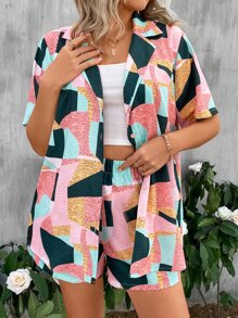 SHEIN Clasi Bộ thời trang Plus Size Nút phía trước Hình học Giải trí - Nhiều màu - Xem 1