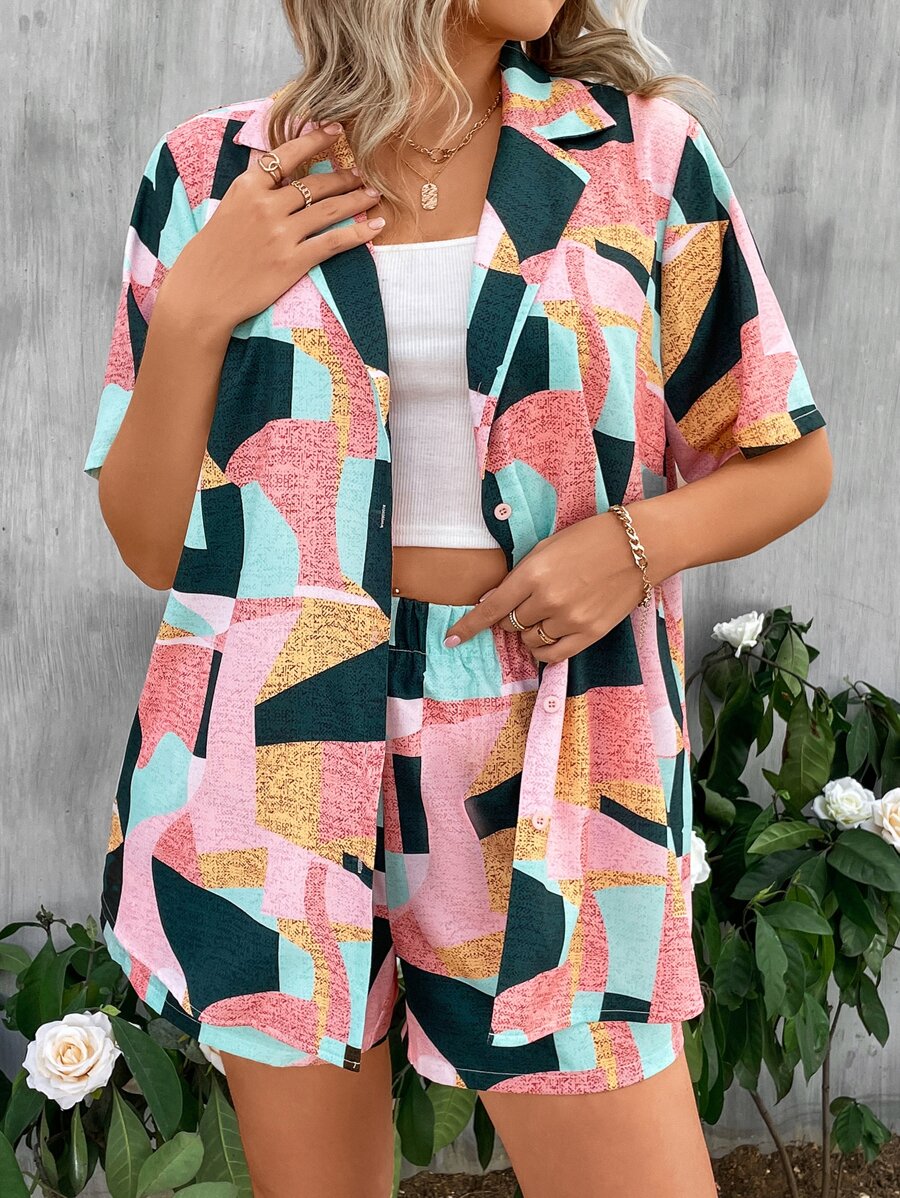 SHEIN Clasi Bộ thời trang Plus Size Nút phía trước Hình học Giải trí - Nhiều màu - Xem 1