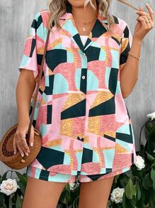 SHEIN Clasi Bộ thời trang Plus Size Nút phía trước Hình học Giải trí - Nhiều màu - Xem 3