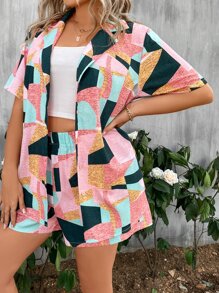 SHEIN Clasi Bộ thời trang Plus Size Nút phía trước Hình học Giải trí - Nhiều màu - Xem 4
