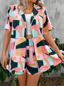 SHEIN Clasi Bộ thời trang Plus Size Nút phía trước Hình học Giải trí - Nhiều màu - Xem 5