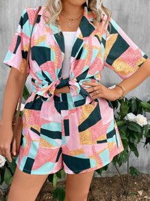 SHEIN Clasi Bộ thời trang Plus Size Nút phía trước Hình học Giải trí - Nhiều màu - Xem 6