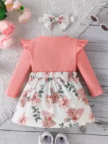 SHEIN Vestido 2 En 1 Para Bebé Con Estampado Floral Y Volantes Con Lazo En La Parte Delantera, Con Banda Para La Cabeza - Multicolor - Ver 2