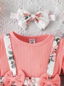 SHEIN Vestido 2 En 1 Para Bebé Con Estampado Floral Y Volantes Con Lazo En La Parte Delantera, Con Banda Para La Cabeza - Multicolor - Ver 3