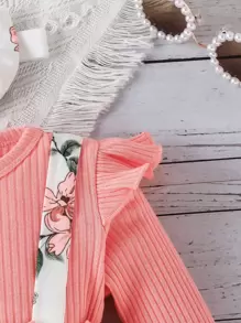 SHEIN Vestido 2 En 1 Para Bebé Con Estampado Floral Y Volantes Con Lazo En La Parte Delantera, Con Banda Para La Cabeza - Multicolor - Ver 5