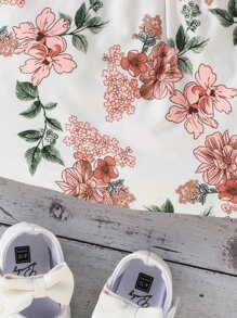 SHEIN Vestido 2 En 1 Para Bebé Con Estampado Floral Y Volantes Con Lazo En La Parte Delantera, Con Banda Para La Cabeza - Multicolor - Ver 7