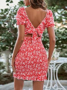 SHEIN Frenchy 碎花後綁帶荷葉邊連衣裙 - 紅色 - 查看 2