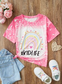 SHEIN Girls Rainbow & Letter Graphic Tee - Pink - View 1