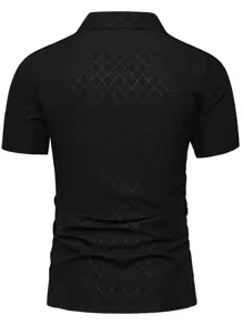 Manfinity Homme 男士菱形編織短袖黑色休閒鈕扣襯衫，男友禮物 - 黑色 - 查看 2
