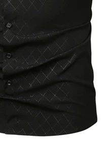 Manfinity Homme 男士菱形編織短袖黑色休閒鈕扣襯衫，男友禮物 - 黑色 - 查看 6