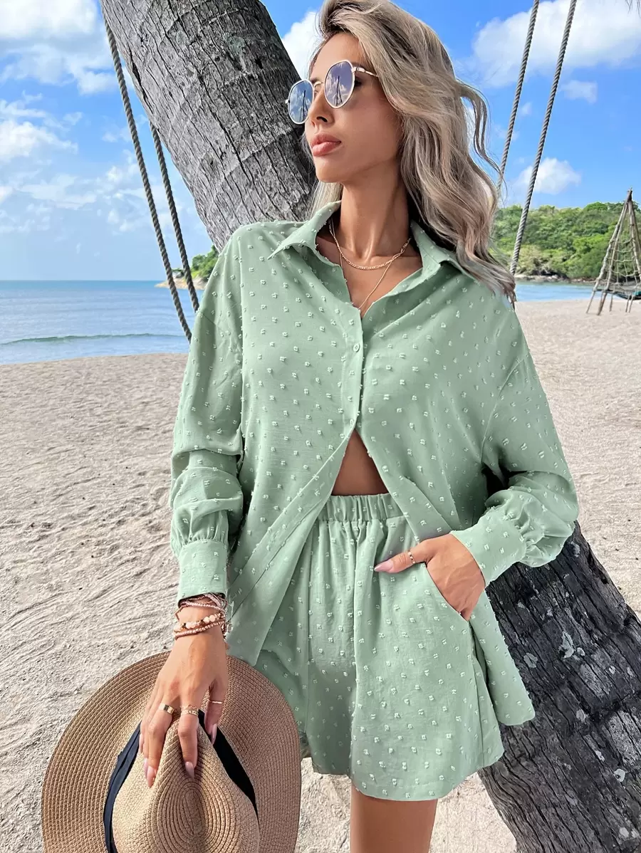 SHEIN VCAY 圓點落肩袖襯衫和短褲 - 薄荷綠 - 查看 1