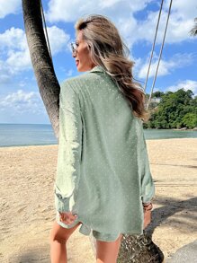 SHEIN VCAY 圓點落肩袖襯衫和短褲 - 薄荷綠 - 查看 2