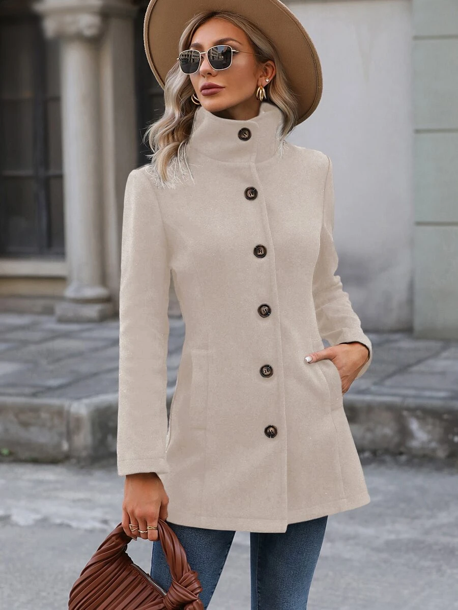 EMERY ROSE Button Front Pocket Side Overcoat Fall Winter Cloth For Women - Apricot - View 1