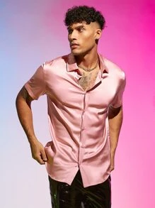 Manfinity Men Button Front Satin Shirt - Baby Pink - View 2