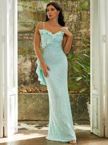 Missord 荷葉邊魚尾裙下擺亮片正式洋裝 - 薄荷綠 - 查看 1