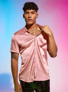 Manfinity Men Button Front Satin Shirt - Baby Pink - View 3