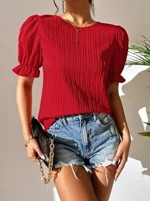 SHEIN Unity 素色泡泡袖襯衫 - 紅色 - 查看 1