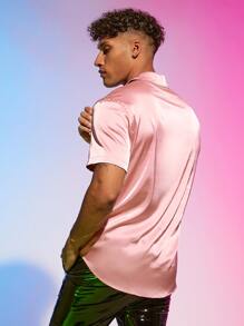 Manfinity Men Button Front Satin Shirt - Baby Pink - View 4