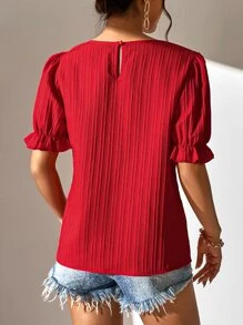 SHEIN Unity 素色泡泡袖襯衫 - 紅色 - 查看 2